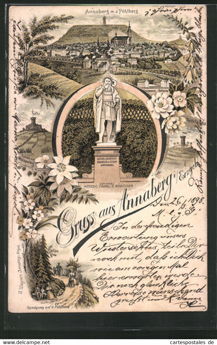 Lithographie Annaberg / Erzgebirge, Herzog Georg D. Bärtigen Denkmal, Rundgang Um D. Pöhlberg, Gesamtansicht - Pöhl