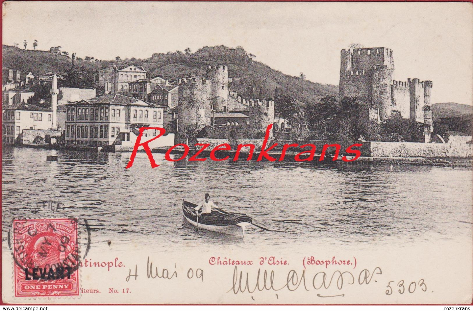 Old Postcard Stamp Timbre Obliteration Constantinople Bosphore British Post Office Levant 1909 Turkey Turquie CPA AK - Levante Británica