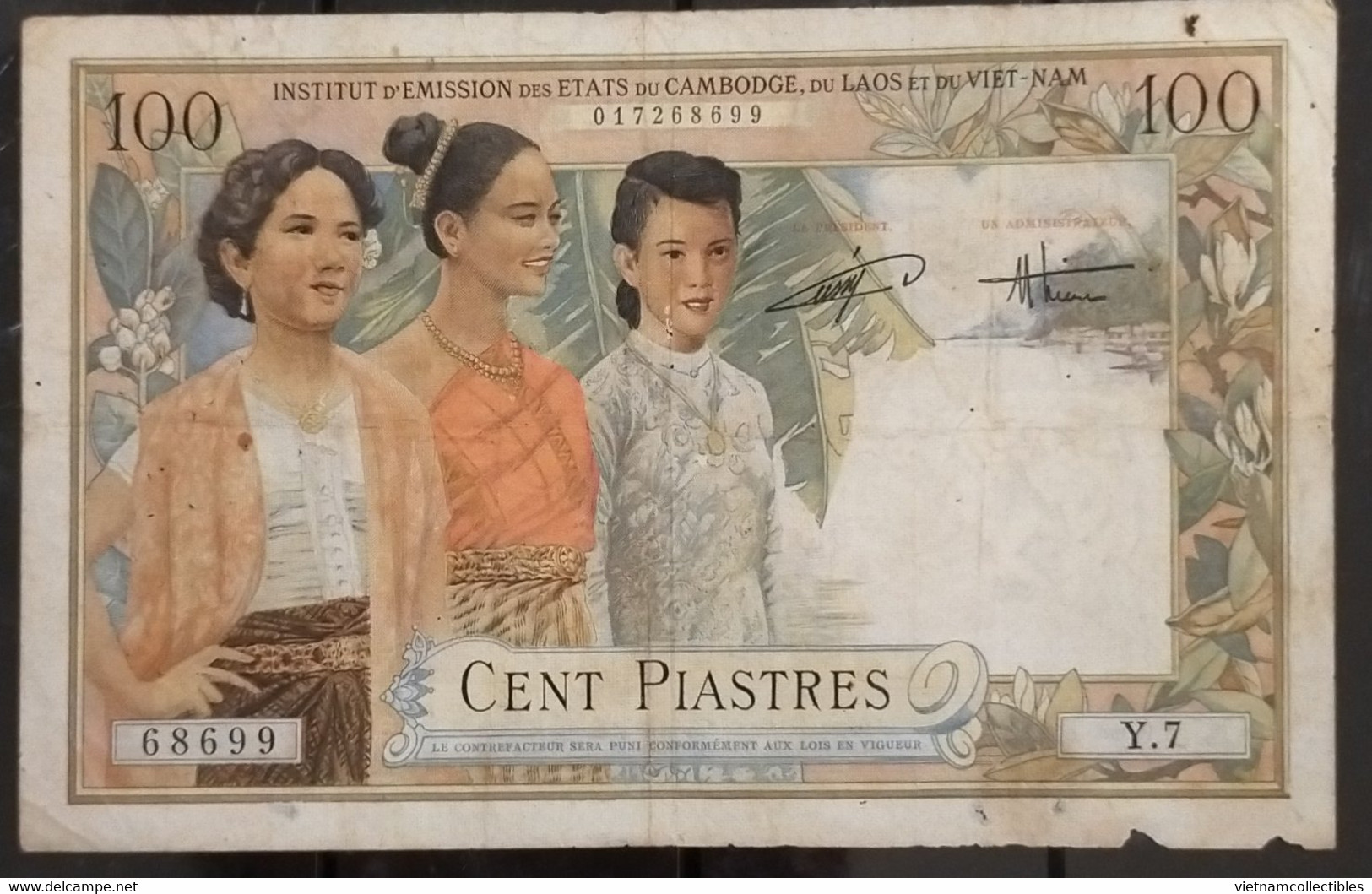 Indochina Indochine Vietnam Viet Nam Laos Cambodia 100 Piastres VF Banknote Note / Billet 1953 - Pick # 108 / 02 Photo - Indochine