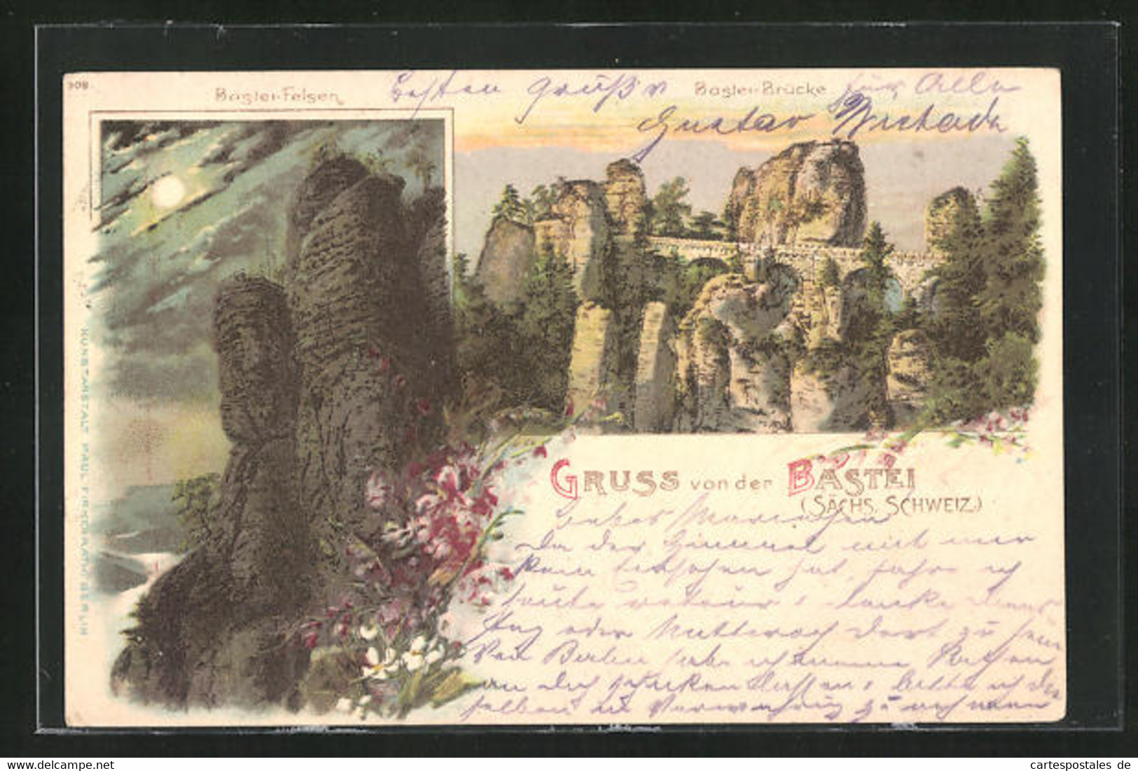 Lithographie Bastei I. Sächs. Schweiz, Blick Auf Die Brücke Und Felsen - Bastei (sächs. Schweiz)