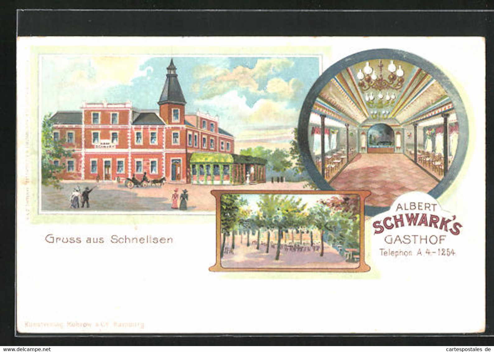 Lithographie Schnelsen, Albert Schwark`s Gasthof, Festsaal, Gartencafé - Eimsbüttel