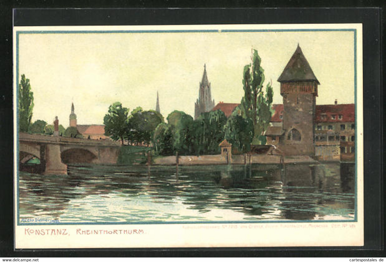 Künstler-AK Zeno Diemer: Konstanz, Rheintorturm Und Brücke Im Sommer - Diemer, Zeno