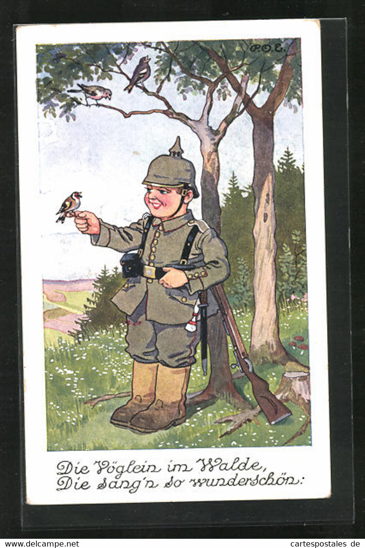Künstler-AK P. O. Engelhard (P.O.E.): Kleiner Soldat Mit Vögeln Im Wald - Engelhard, P.O. (P.O.E.)