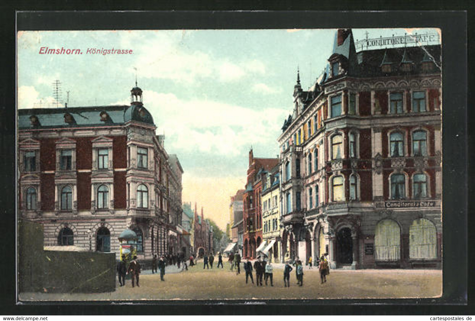 AK Elmshorn, Königstrasse Mit Cafe Schrader, Geschäften Und Passanten, Litfasssäule - Elmshorn