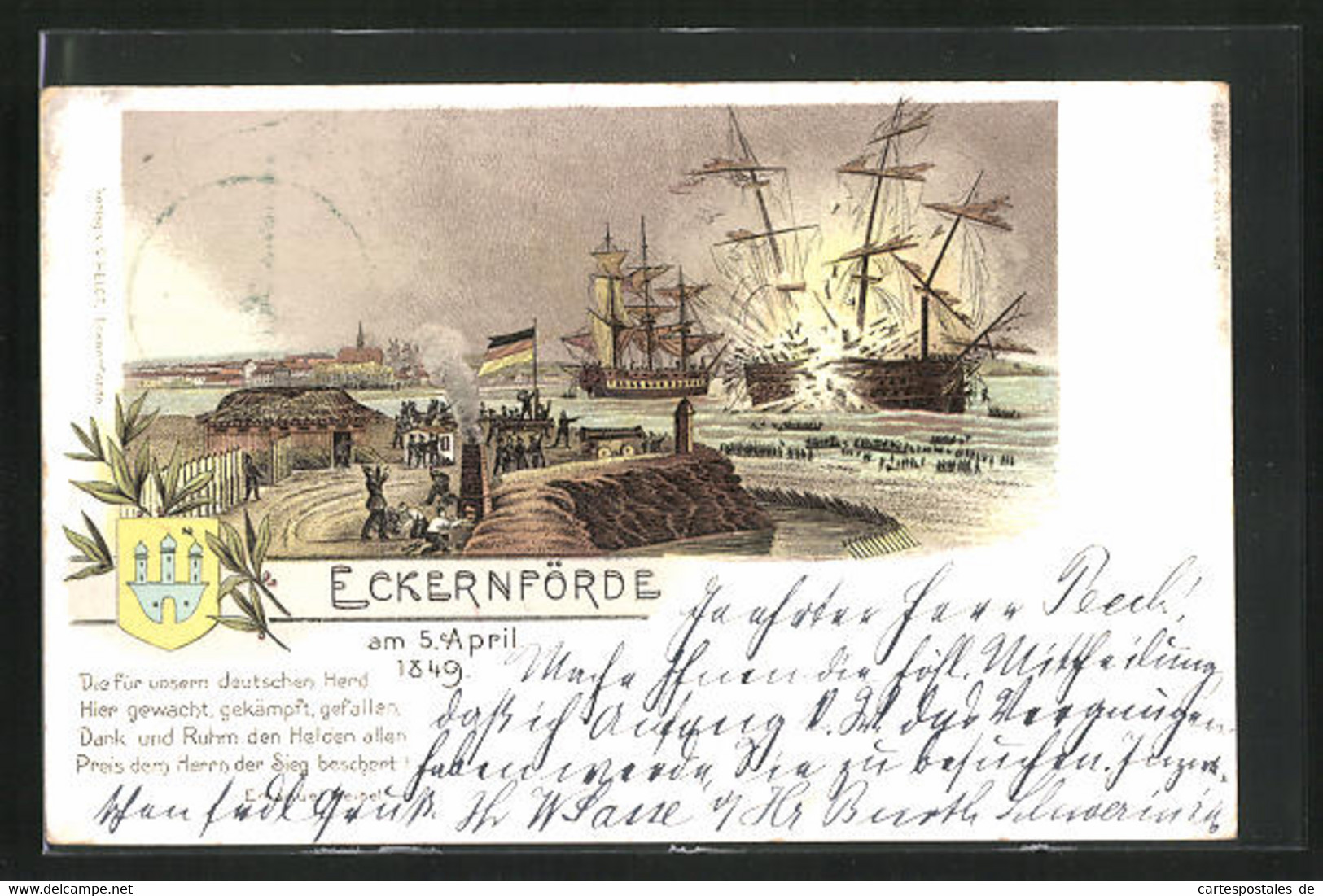 Lithographie Eckernförde, Seeschlacht Um Die Stadt, Fort Beschiesst Ein Segelschiff - Eckernfoerde