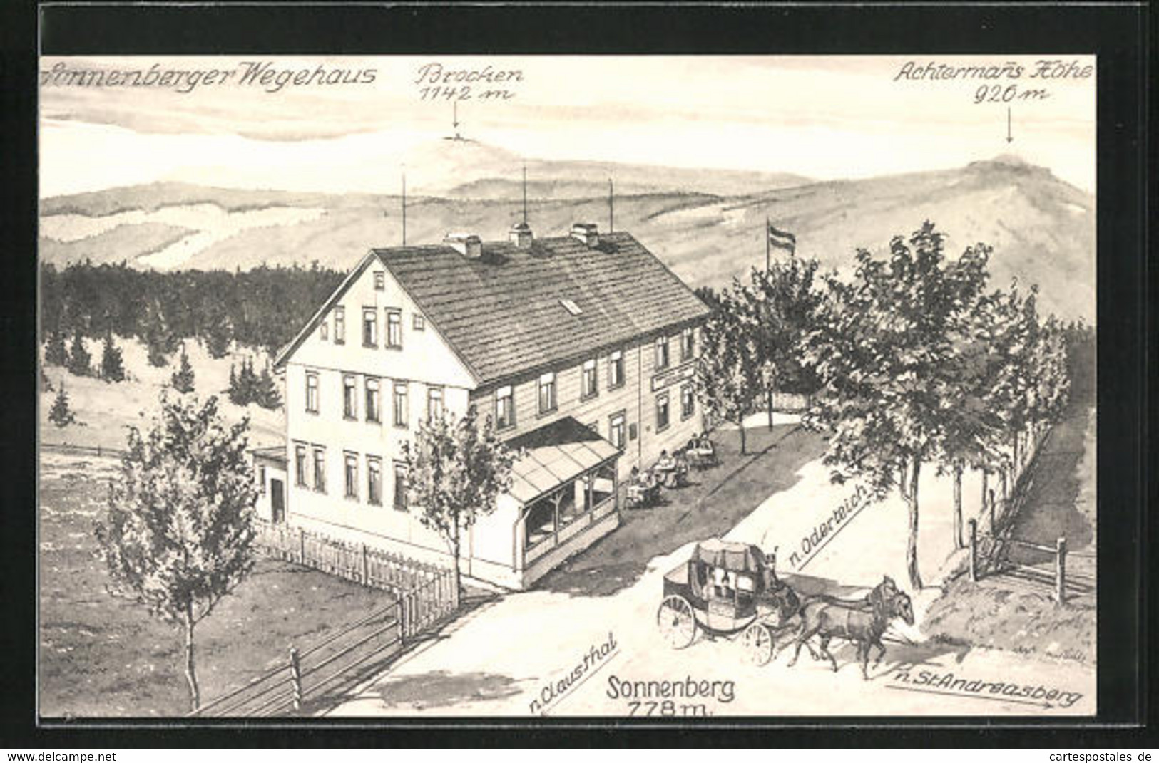 Künstler-AK Sonnenberg / Oberharz, Gasthaus Sonnenberg Mit Blick Zum Brocken Und Achtermans Höhe - Oberharz