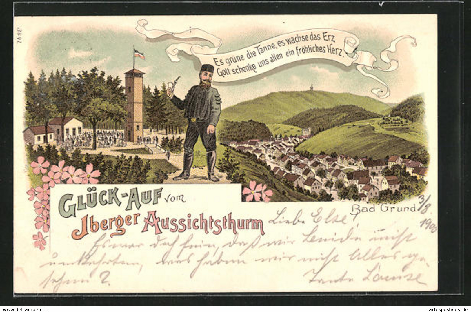 Lithographie Bad Grund, Panorama Mit Gasthaus Und Iberger Aussichtsturm - Bad Grund