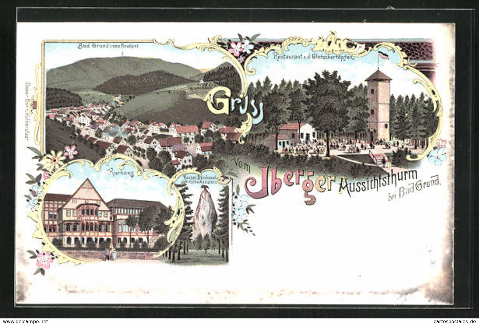 Lithographie Bad Grund, Restaurant Zu Den Gletschertöpfen, Kurhaus, Kaiser-Denkmal - Bad Grund