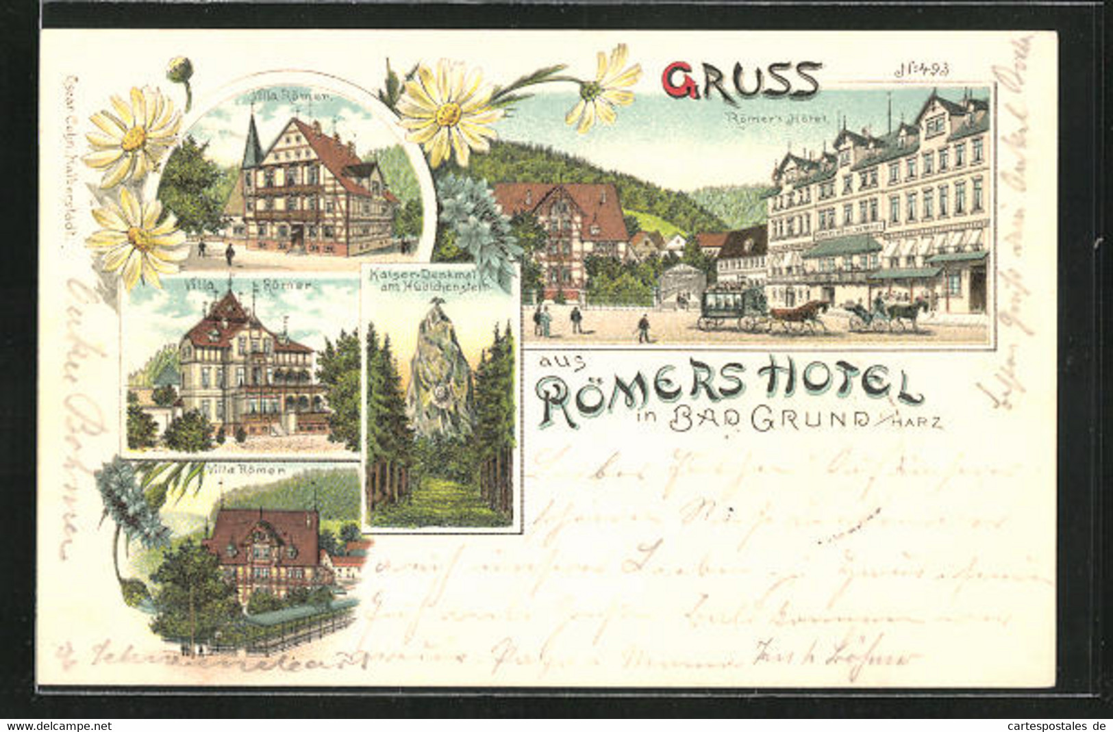 Lithographie Bad Grund / Harz, Hotel Römer, Villa Römer, Kaiser-Denkmal - Bad Grund