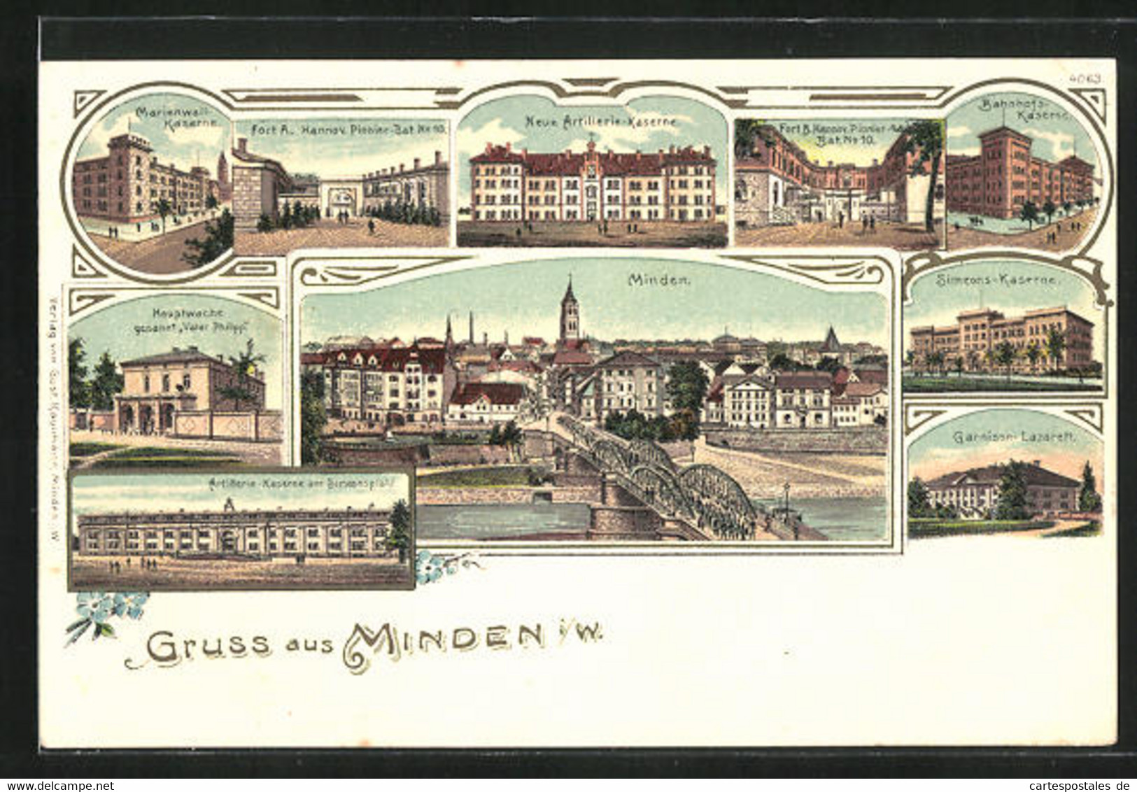 Lithographie Minden I. W., Ortsansicht, Marienwall-Kaserne, Neue Artillerie-Kaserne, Bahnhofskaserne, Garnison-Lazarett - Minden