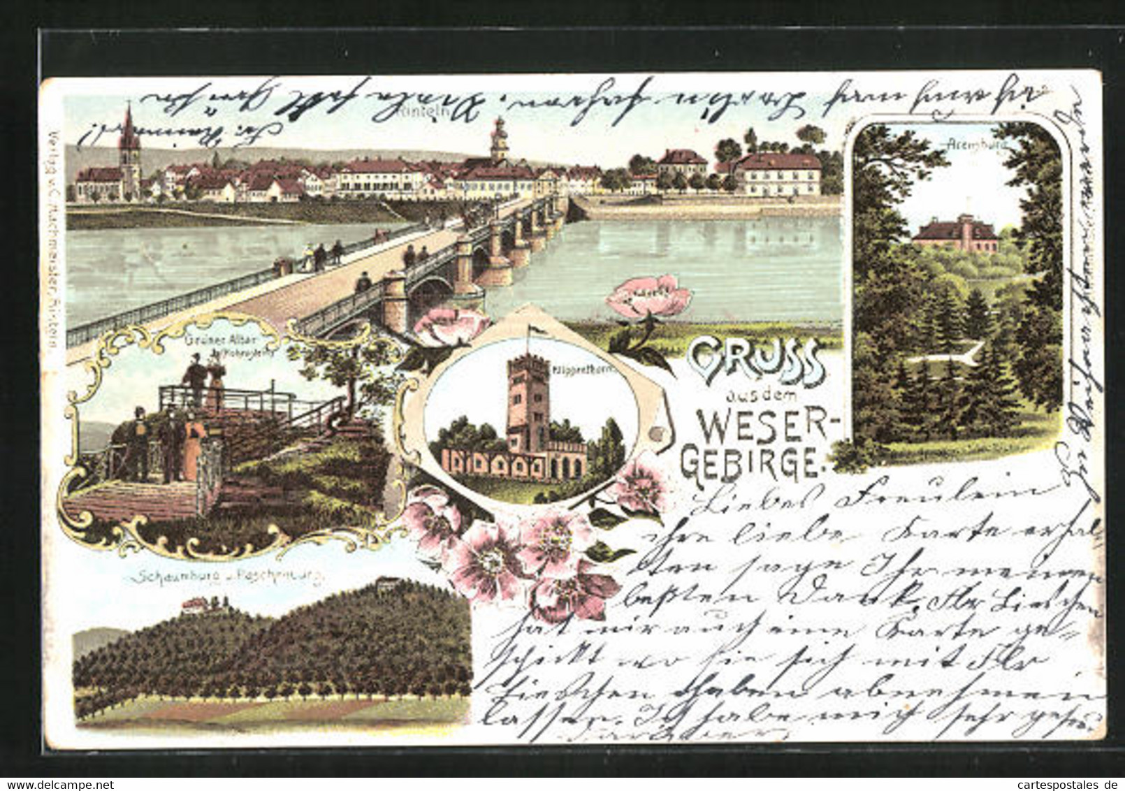 Lithographie Rinteln, Teilansicht Mit Brücke Und Fluss, Grüner Altar (Hohenstein), Schaumburg, Paschenburg, Klippent - Schaumburg