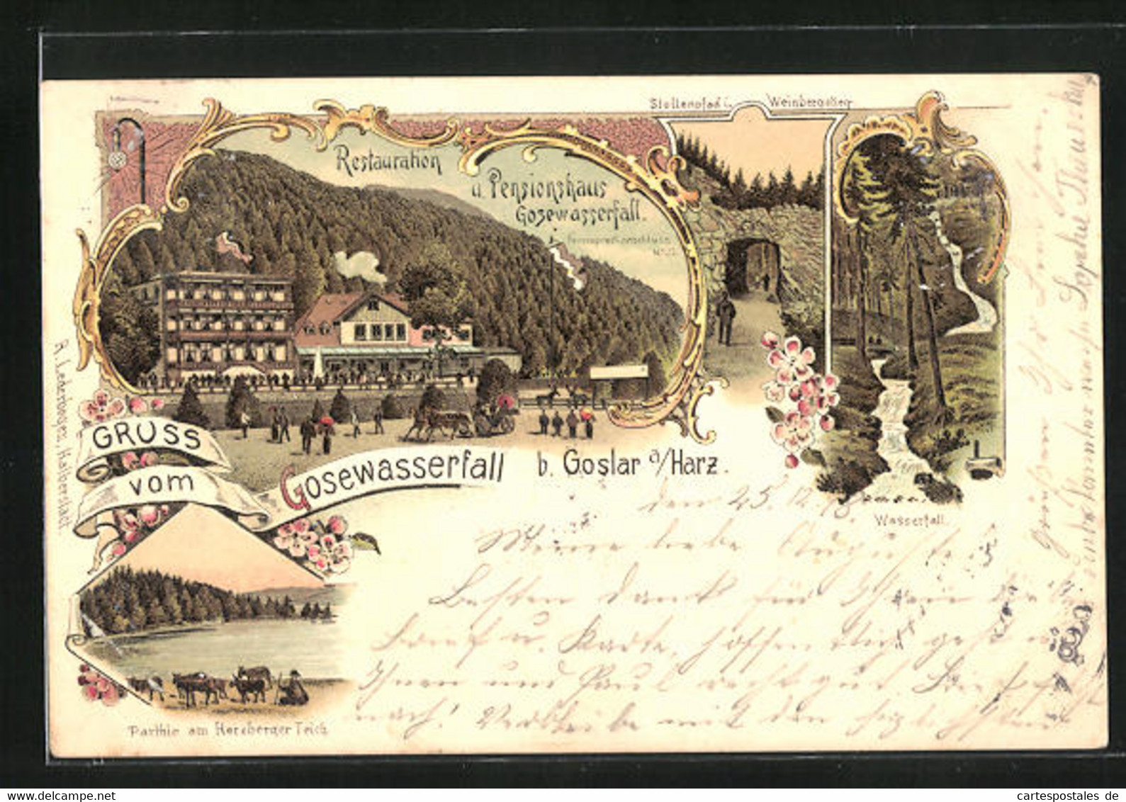 Lithographie Goslar / Harz, Restaurant-Pension Gosewasserfall, Stollenpfad, Herzberger Teich - Herzberg
