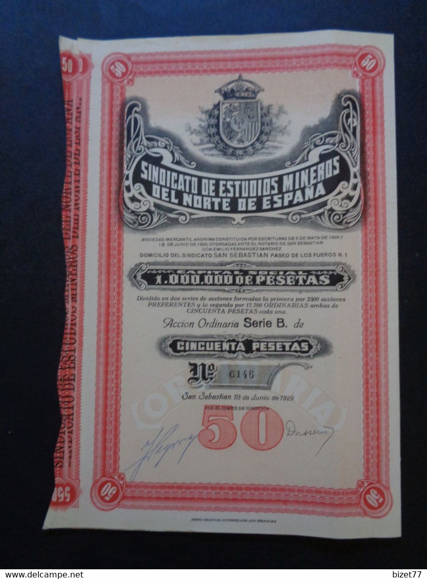 ESPAGNE - SAINT SEBASTIAN 1929 - SINDICATO DE ESTUDIOS MINEROS DEL NORTE DE ESPANA - ACTION "B" 50 PST - Altri & Non Classificati