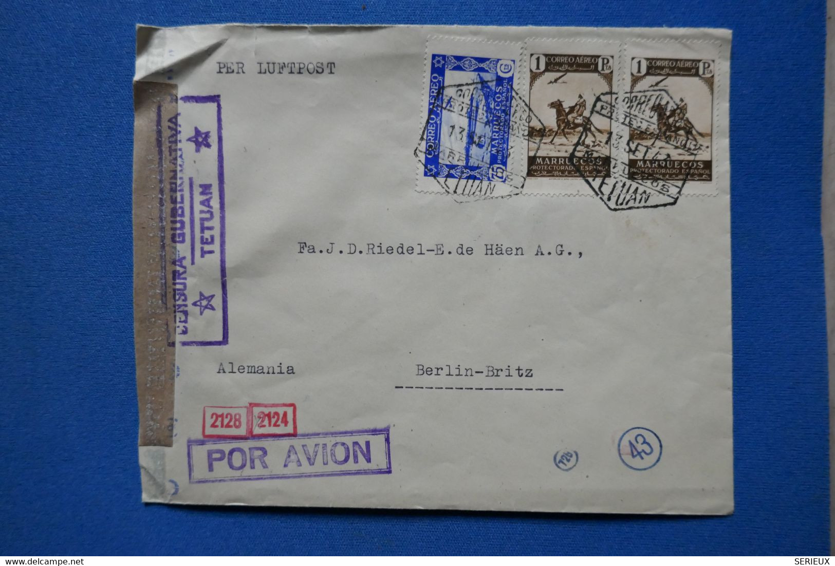 V5  MAROCESPAGNOL BELLE LETTRERARE CENSUREE 1944 PAR AVION TETOUAN POUR BERLIN BLITZ+ AFFRANCH. INTERESSANT - Marocco Spagnolo