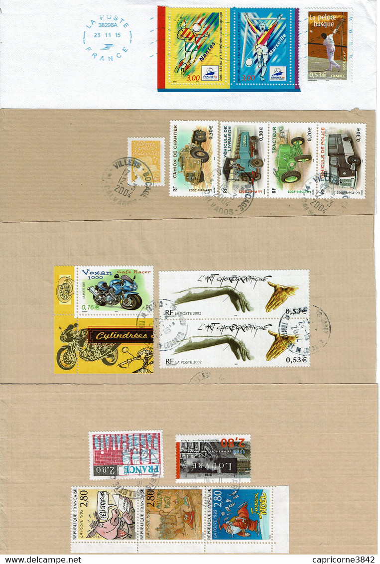 Divers Timbres De Blocs Ou Feuillets  "Plaisir D'Ecrire, Véhicules Utilitaires, Moto, Foot"  - Sur Fragment D'enveloppe - Storia Postale