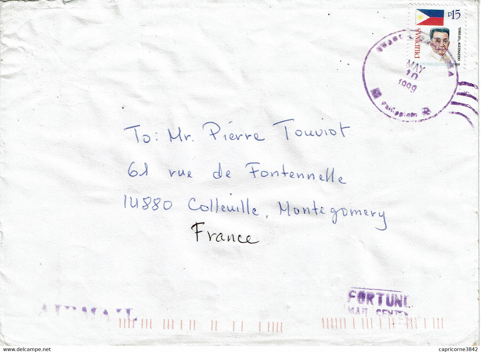 1999 - Lettre Des Philippines Pour La France - Tp Emilio Aguinaldo 15p - Cachet "FORTUND MAIL CENTER" - Filippine