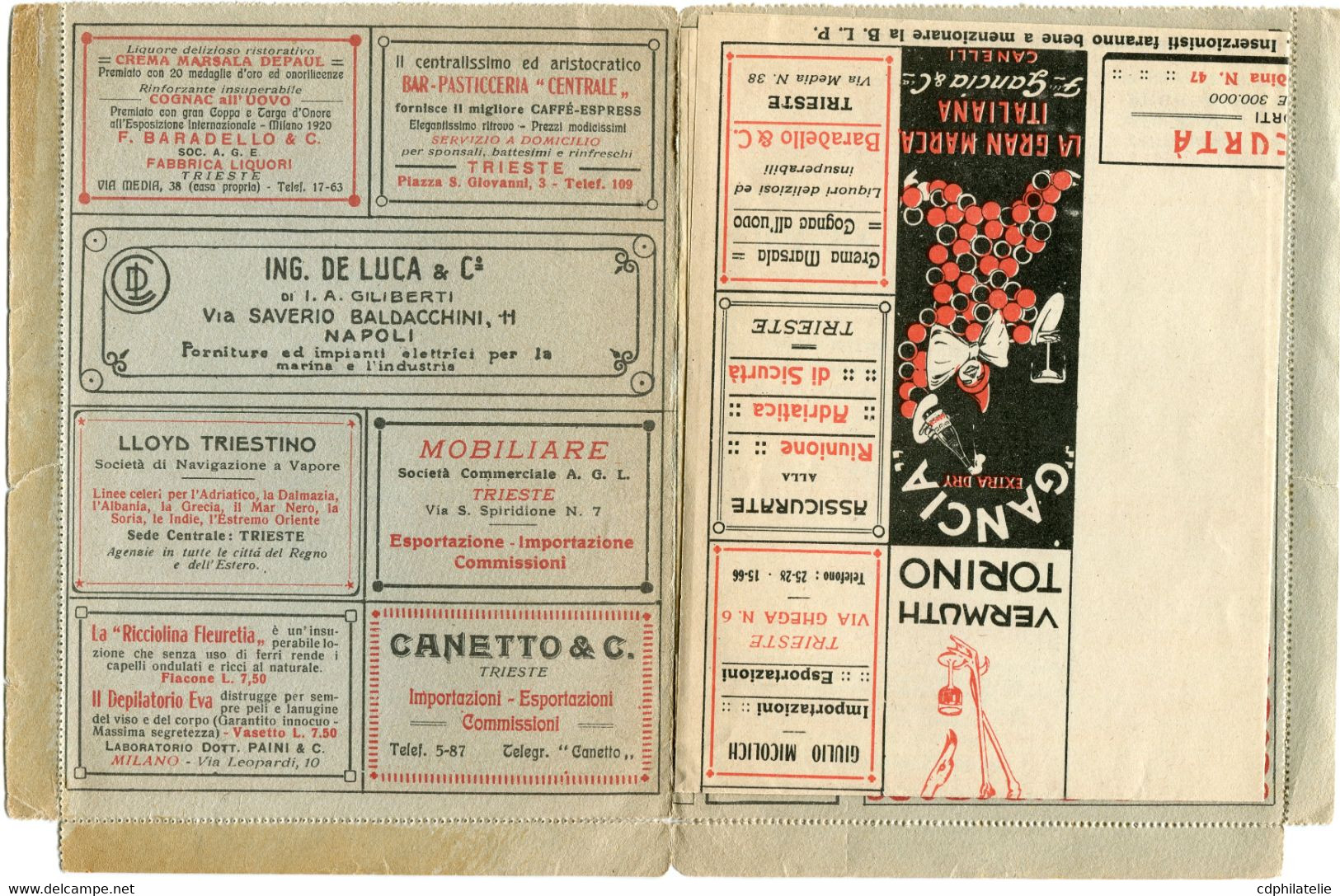 ITALIE ENVELOPPE B.L.P. AVEC PUBLICITES ALCOOL / GOMME POUR PNEU PIRELLI / CINEMA / MODE / BANQUE / ASSURANCE / MACHINE. - Timbres Pour Envel. Publicitaires (BLP)