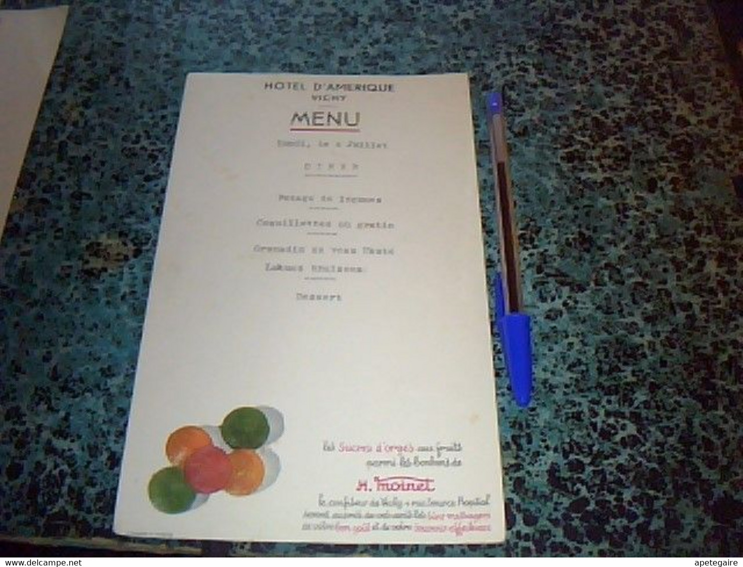 Vieux Papier Menu écrit  Hotel D'Amérique à Vichy  Publicité Sucres D'orge Au Fruits M.  Moinet à Vichy Année ?? - Menükarten