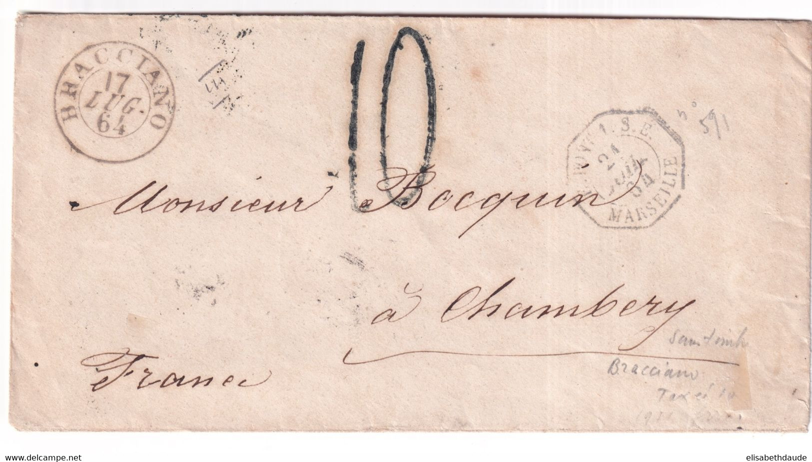 1861 - ETATS PONTIFICAUX -  ENTREE E.PONT 1. S.E. Par MARSEILLE ! ENVELOPPE De BRACCIANO => CHAMBERY - Entry Postmarks