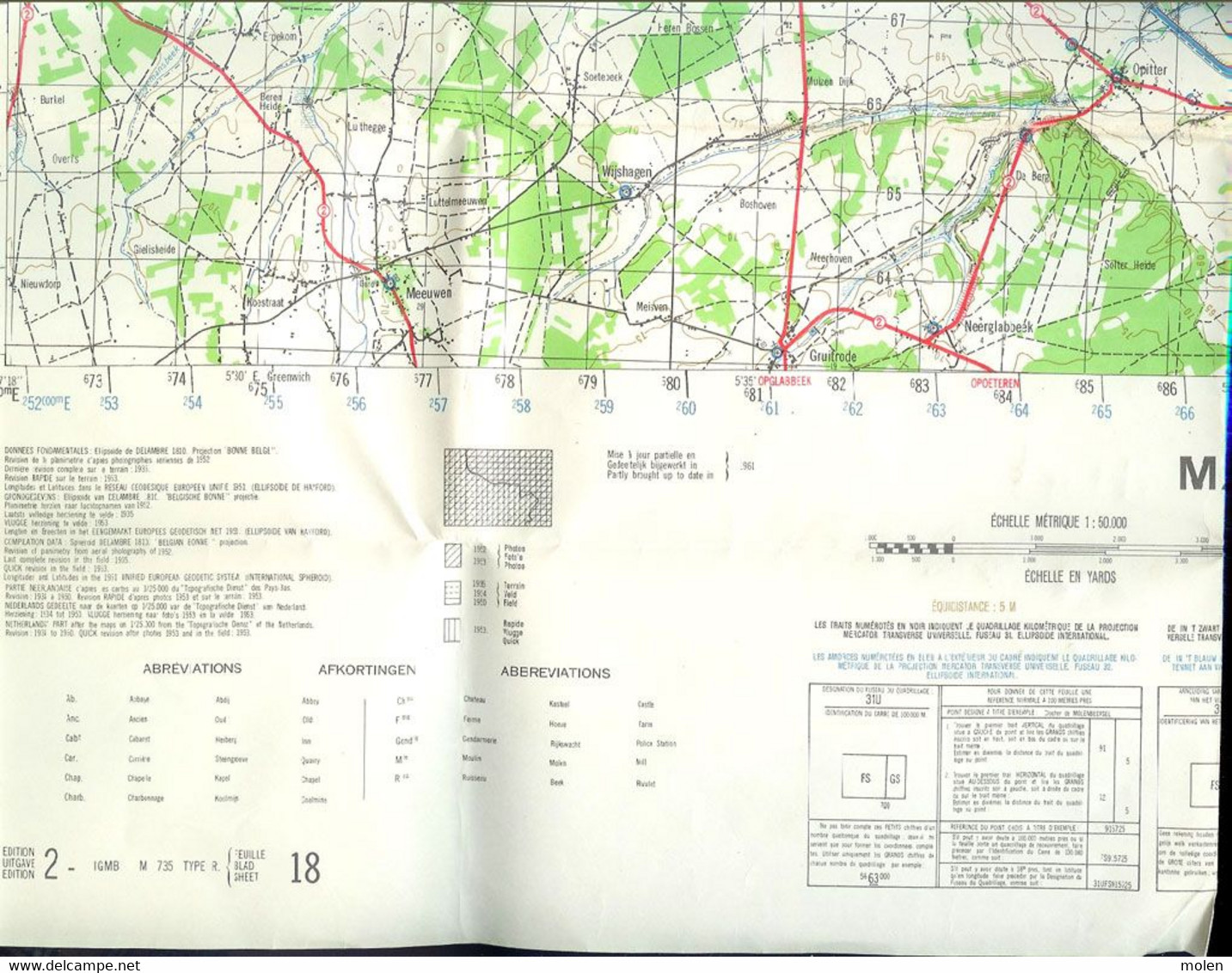 STAFKAART Situatie 1935 BREE MAASEIK WEERT ACHEL HAMONT GROTE-BROGEL MEEUWEN KINROOI OPITTER KAULILLE TONGERLO PEER S101 - Bree