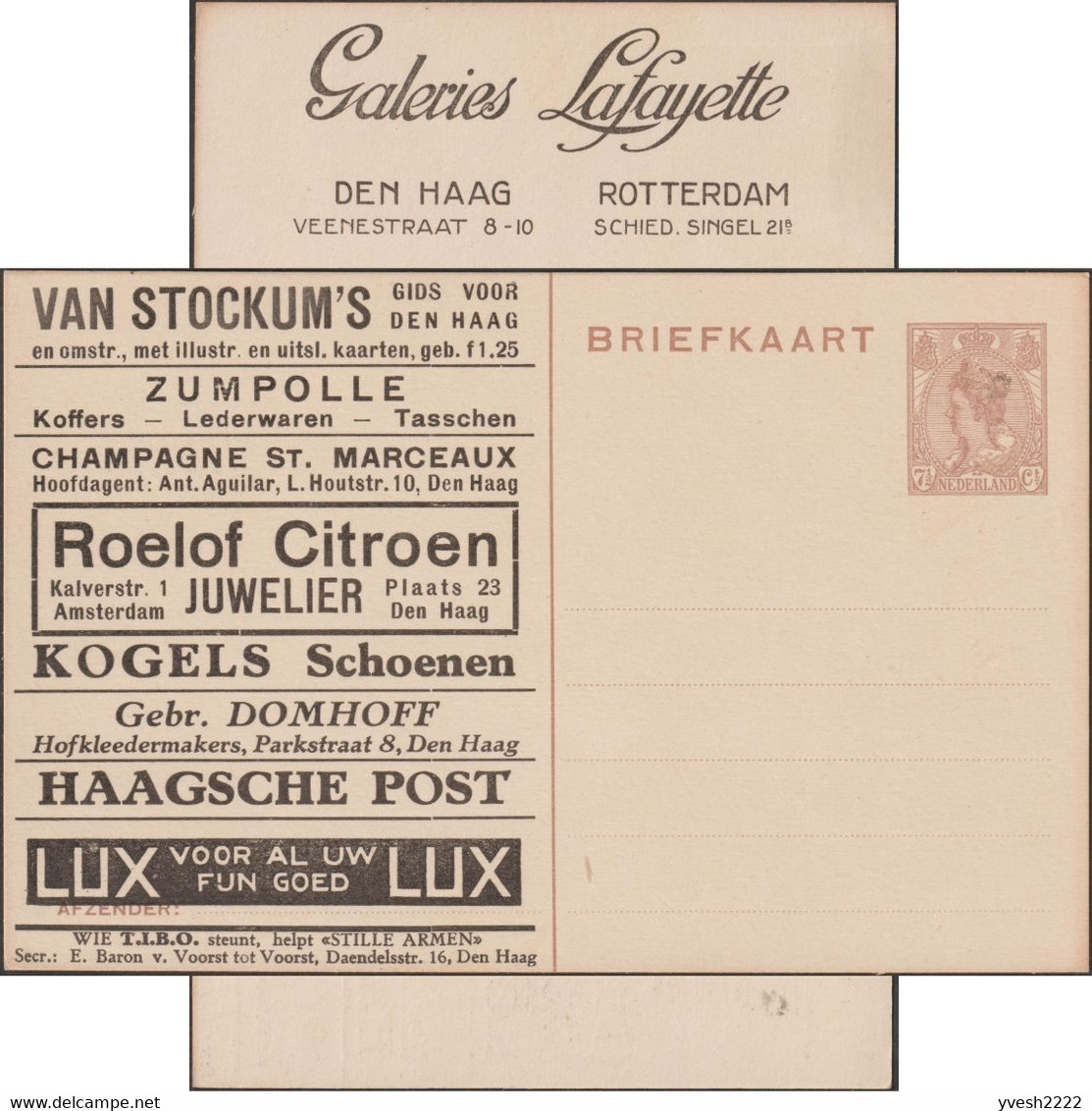 Pays-Bas 1925. Carte Postale Annonces. Valises, Cuir, Champagne St Marceaux, Bijoux, Chaussures, Galeries Lafayette - Wines & Alcohols