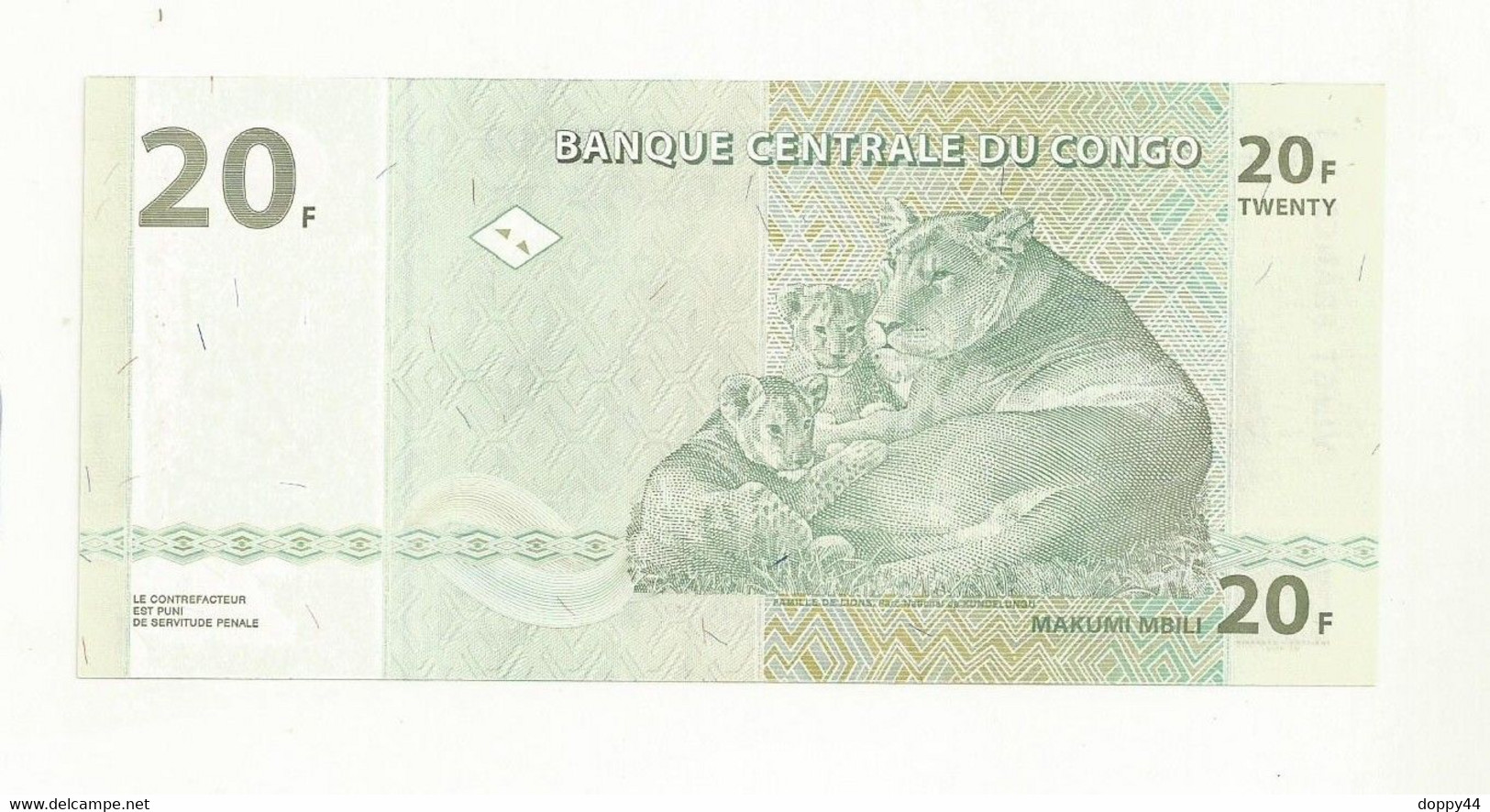 BILLET NEUF BANQUE CENTRALE DU CONGO 20 FRANCS THEME LIONS/LIONNES/LIONCEAUX . - Repubblica Del Congo (Congo-Brazzaville)