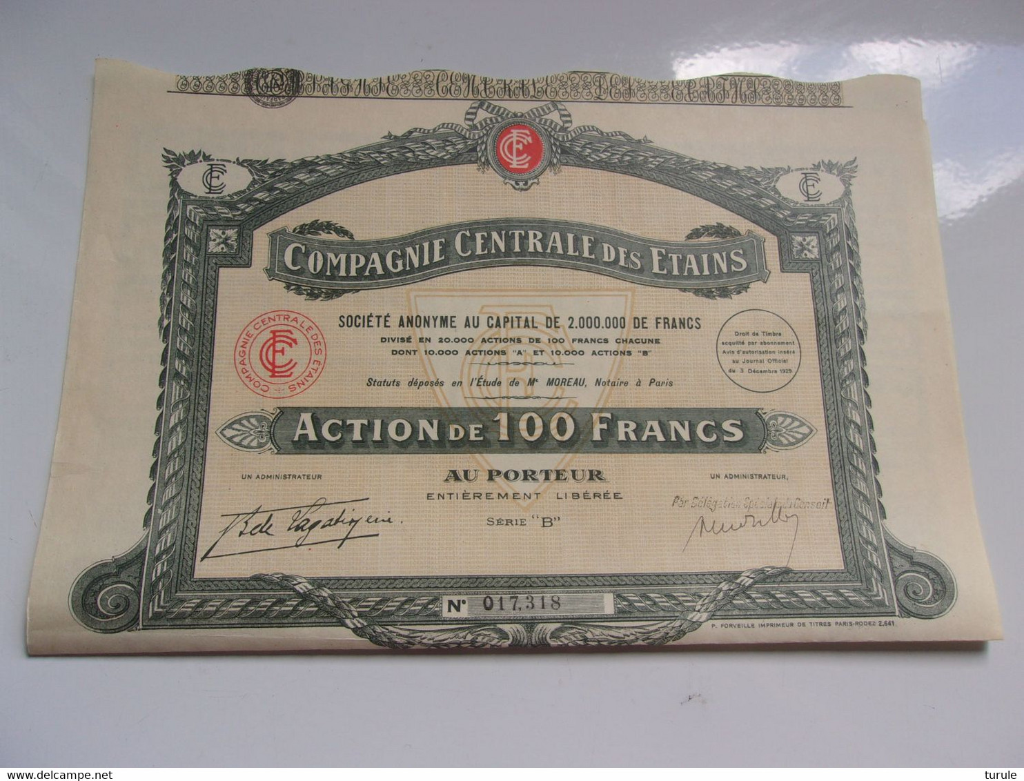 COMPAGNIE CENTRALE DES ETAINS (100 Francs) Serie B - Other & Unclassified