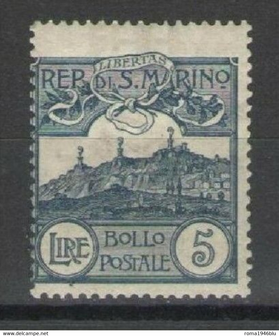 SAN MARINO 1903 CIFRA O VEDUTE 5 LIRE ARDESIA * GOMMA ORIGINALE - Nuevos