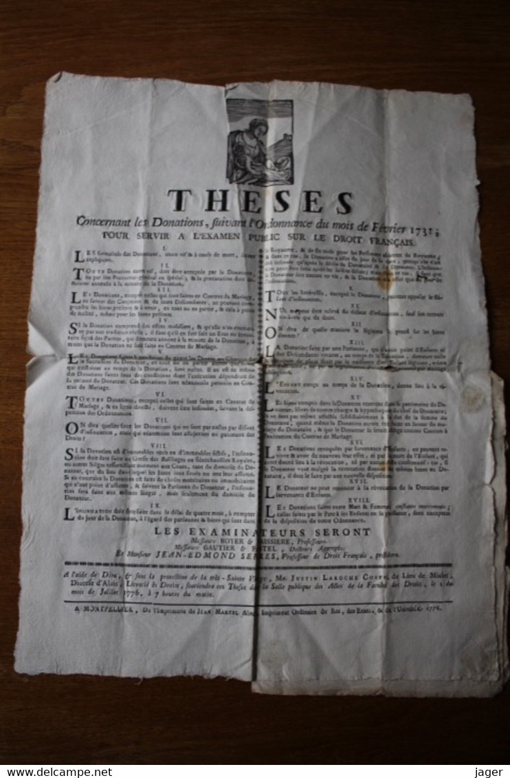 Affiche  1776  THESES   EXAMEN PUBLIC DE DROIT FRANCAIS + Lettres  Avec Cachet De Cire - Documents Historiques