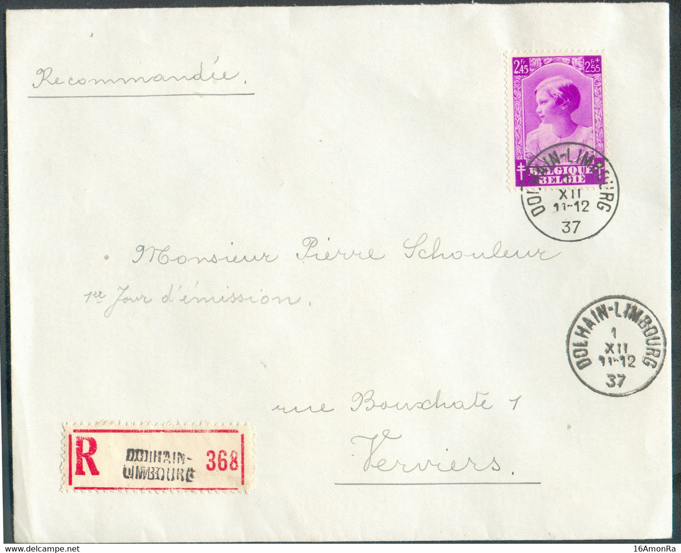 N°485 - 2Fr.45 Josephine Charlotte Obl. Sc DOLHAIN-LIMBOURG Sur Lettre Recommandée Du 1-XII-1937 Vers Verviers. TB - 183 - Lettres & Documents