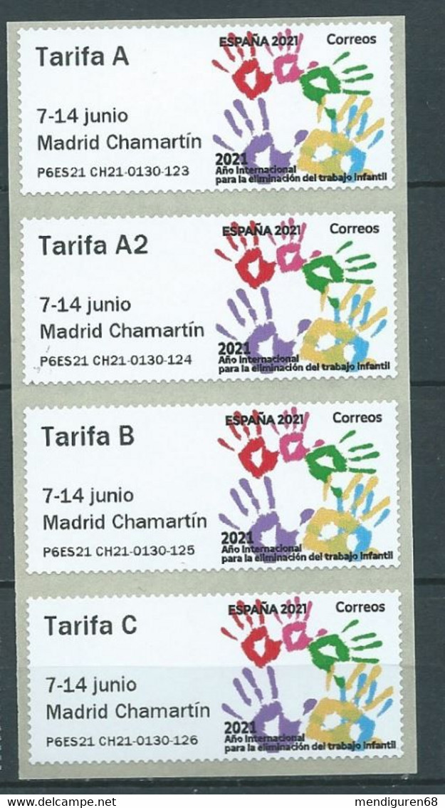 ESPAGNE SPANIEN SPAIN ESPAÑA 2021 ETIQUETA ATM: CHILD LABOR ELIMINATION TRABAJO INFANTIL MADRID CHAMARTIN SET 4V MNH - Dienstmarken