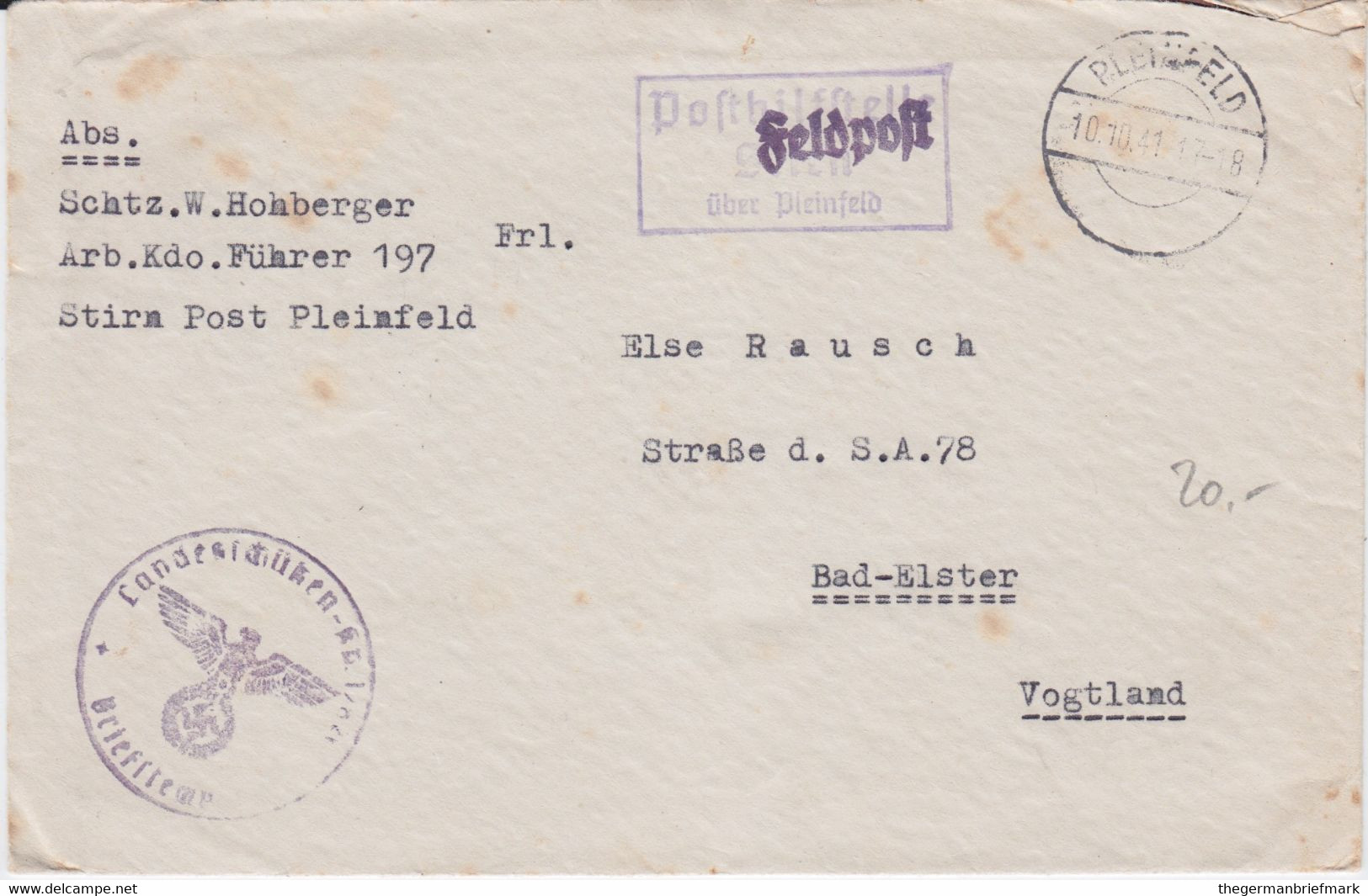 Bayern Ra3 Posthilfsstelle Stirn über Pleinfeld Bf Feldpost 2 Wk 1941 - Feldpost 2e Guerre Mondiale
