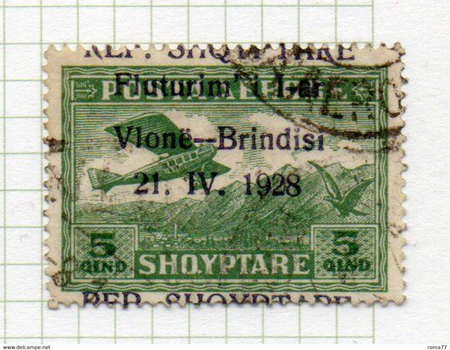 12CRT185 - ALBANIA 1928 , Posta Aerea 5 Qr Yvert N. 15 Usato: Soprastampa Spostata - Albania