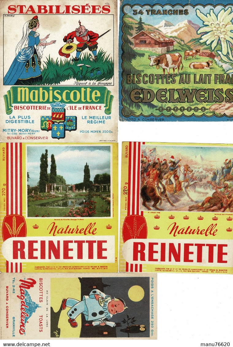 Lot 5 Buvards - BISCOTTES Magdeleine, Mabiscotte, Reinette, Edelweiss . Dans L'état. - Alimentaire