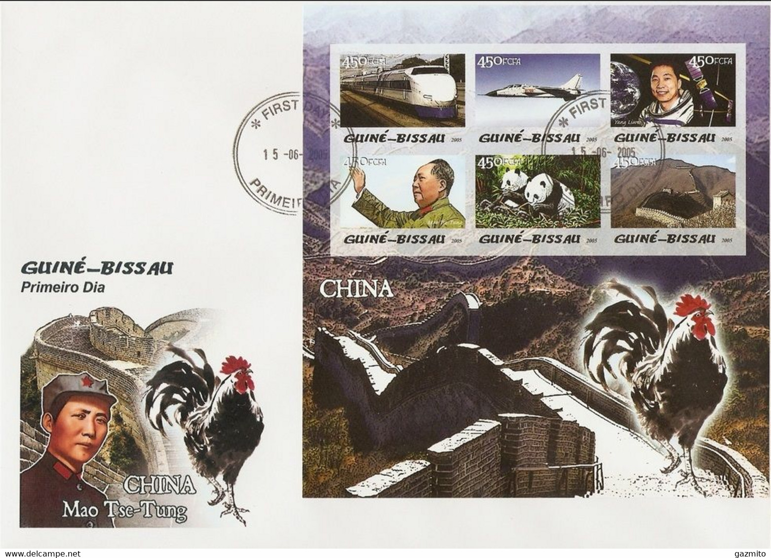 Guinea Bissau 2005, China, Panda, Mao, Train, Plane, Space, Roster, 6val In BF In FDC - Mao Tse-Tung