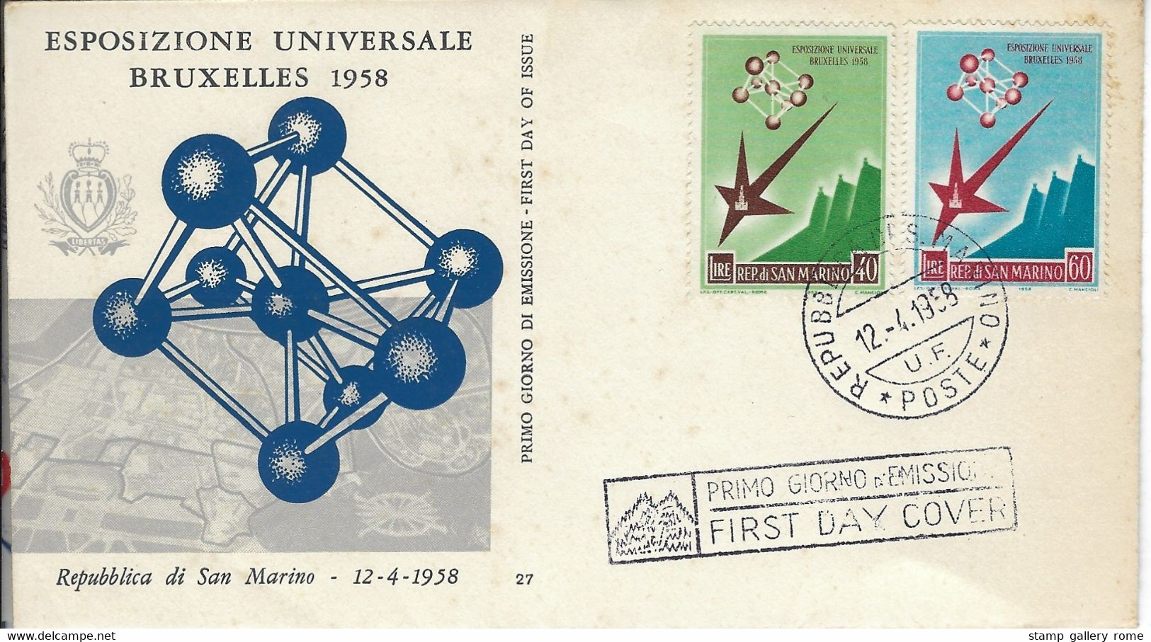 FILATELIA - SAN MARINO   FDC ANNO 1958 - ESPOSIZIONE UNIVERSALE DI BRUXELLES - FDC