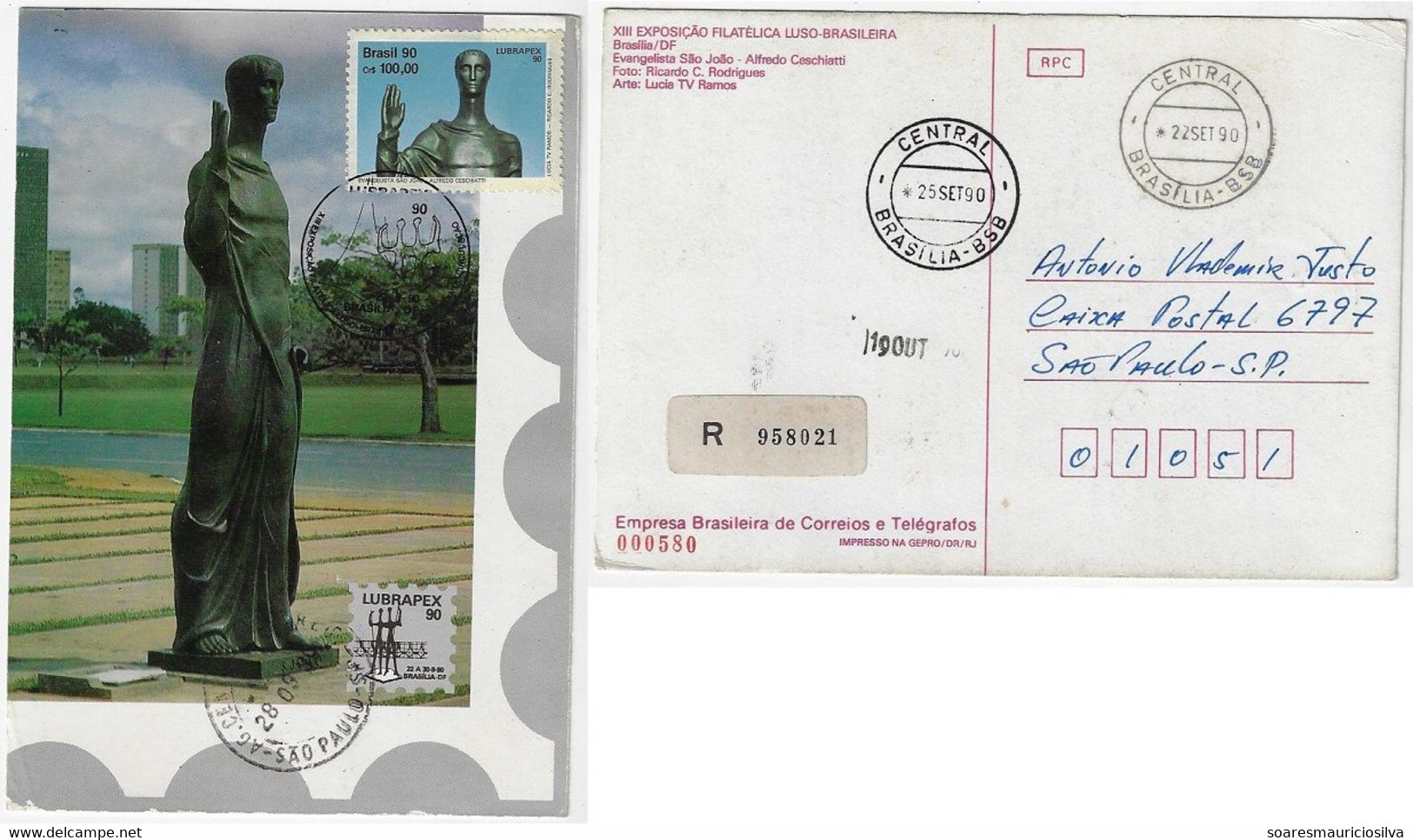 Brazil 1990 Registered Maximum Card Stamp Lubrapex Exhibition Brasília Architecture Sculpture Saint John The Evangelist - Maximum Cards