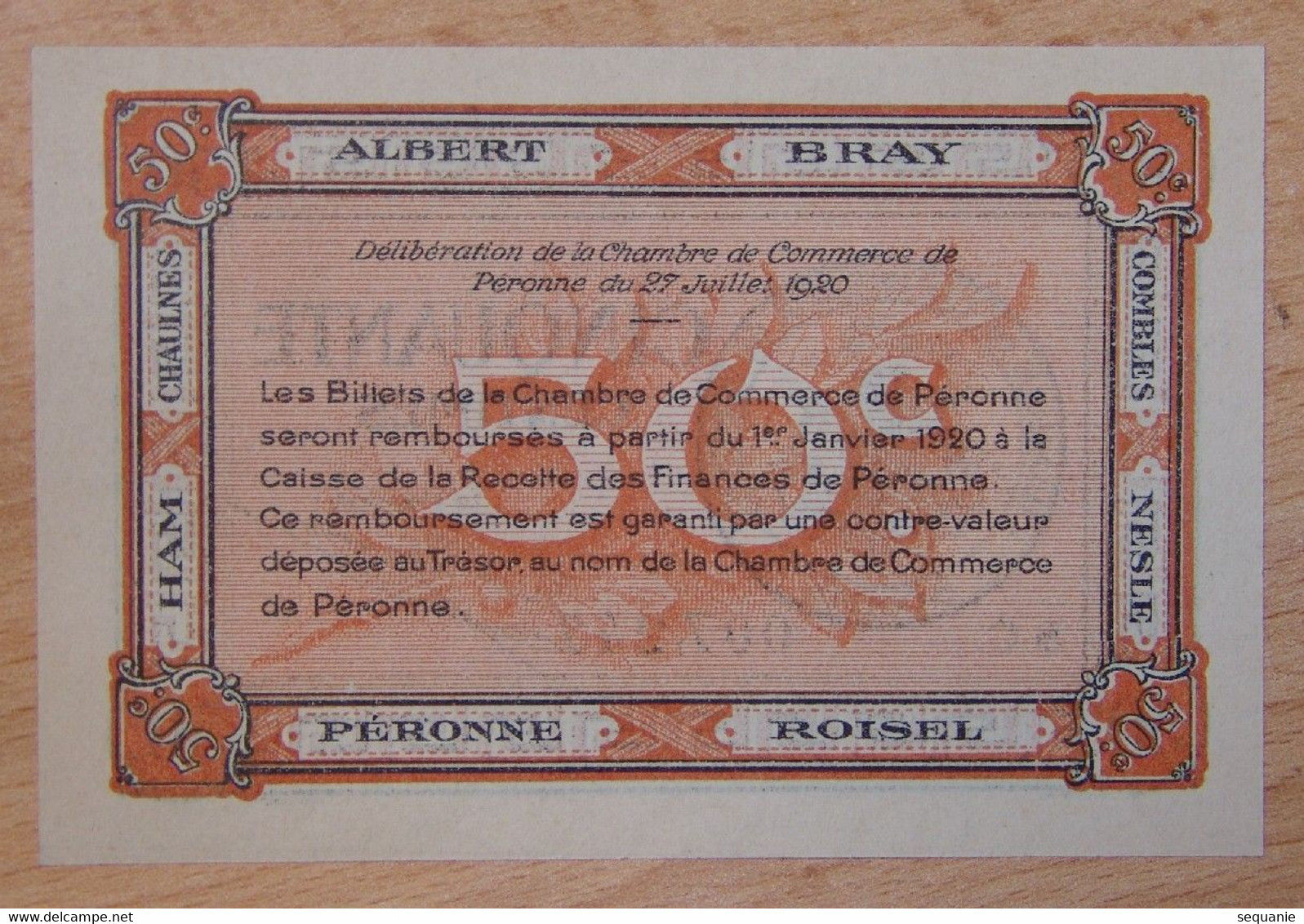 Péronne ( 80 - Somme ) 50 Centimes Chambre De Commerce 27 Juillet 1920 - Chambre De Commerce