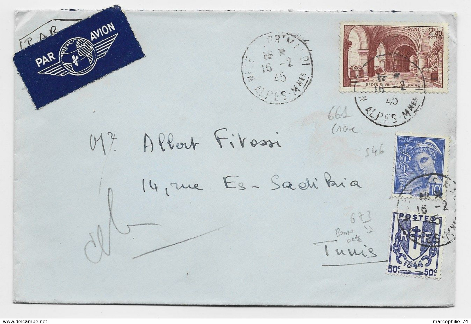 CHAINE 50C +N°546+661 RARE LETTRE AVION NICE  16.2.1945 POUR TUNISIE AU TARIF USAGE COURT AVEC 50C CHAINE - 1941-66 Escudos Y Blasones