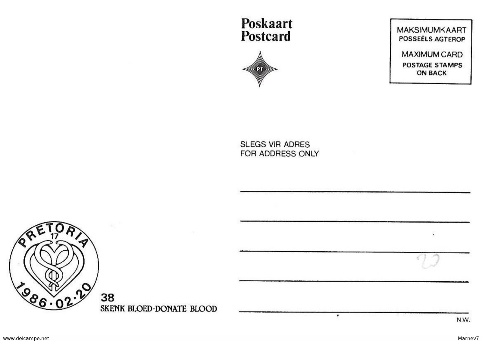 Afrique Du Sud - PRETORIA - Carte Maximum - 20 02 1986 - Don Du Sang - Skenk Bloed - Donate Blood - - Brieven En Documenten