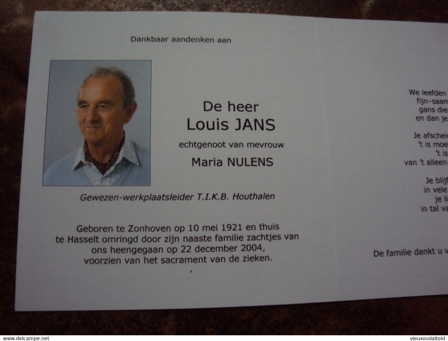 Doodsprentje/Bidprentje Louis JANS  Zonhoven 1921-2004 Hasselt (Echtg M.NULENS) Gew Werplaatsleider TIKB Houthalen - Religion & Esotericism