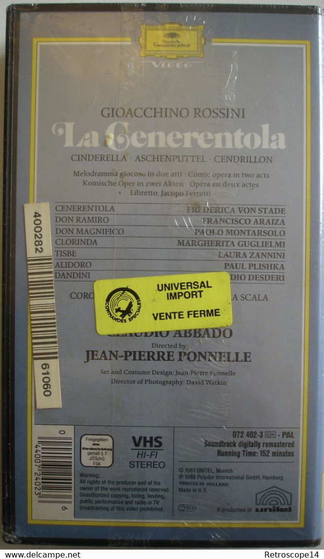 VHS ROSSINI LA CENERENTOLA SOUS BLISTER ABBADO VON STADE ARAIZA MONTARSOLO OPÉRA - DVD Musicaux