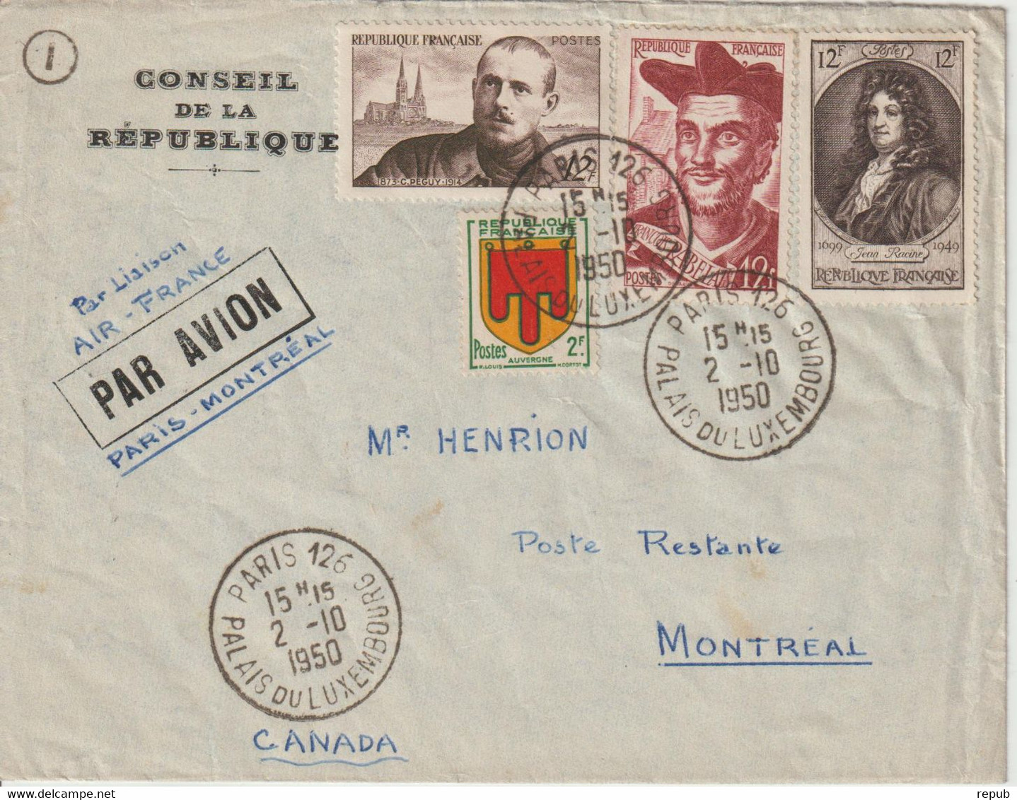 France 1950 Première Liaison Air France Paris Montréal - First Flight Covers