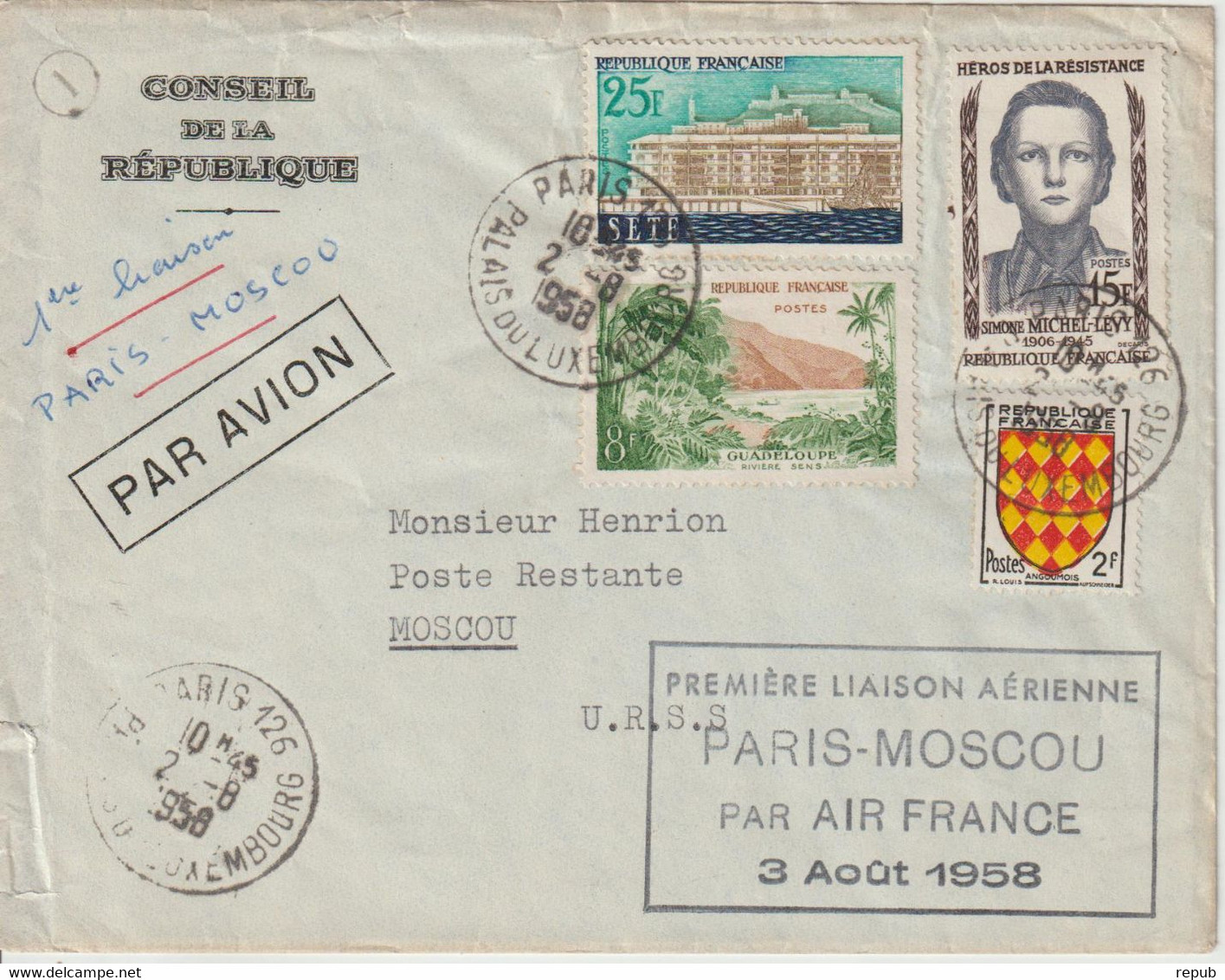 France 1958 Première Liaison Paris-Moscou - Erst- U. Sonderflugbriefe