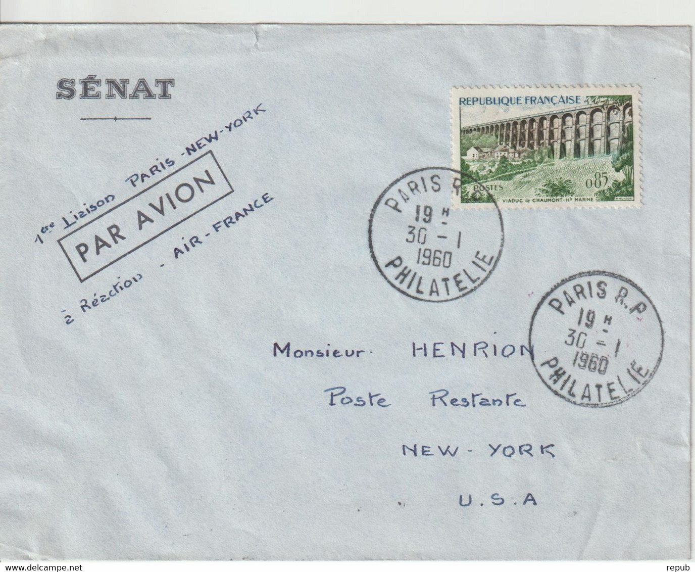 France 1960 Première Liaison Paris-New-York - Erst- U. Sonderflugbriefe