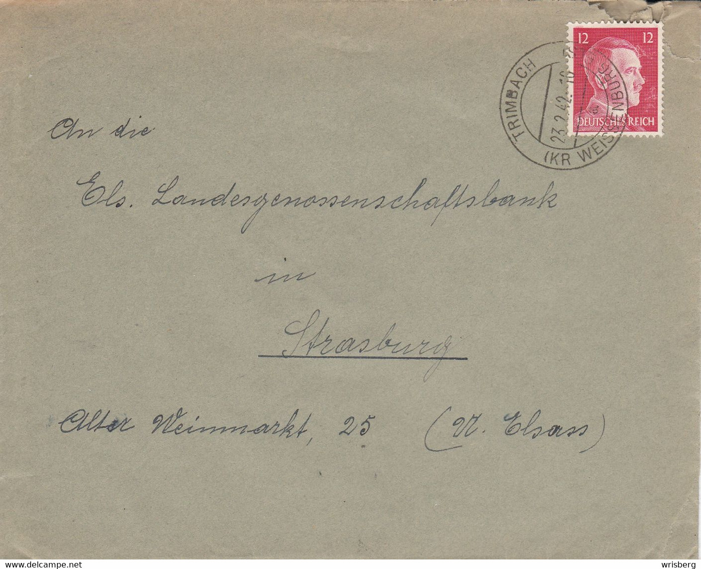 Env Affr Michel 827 Obl TRIMBACH / (KR WEISSENBURG) Du 23.2.42 Adressée à Strasffburg - Cartas & Documentos
