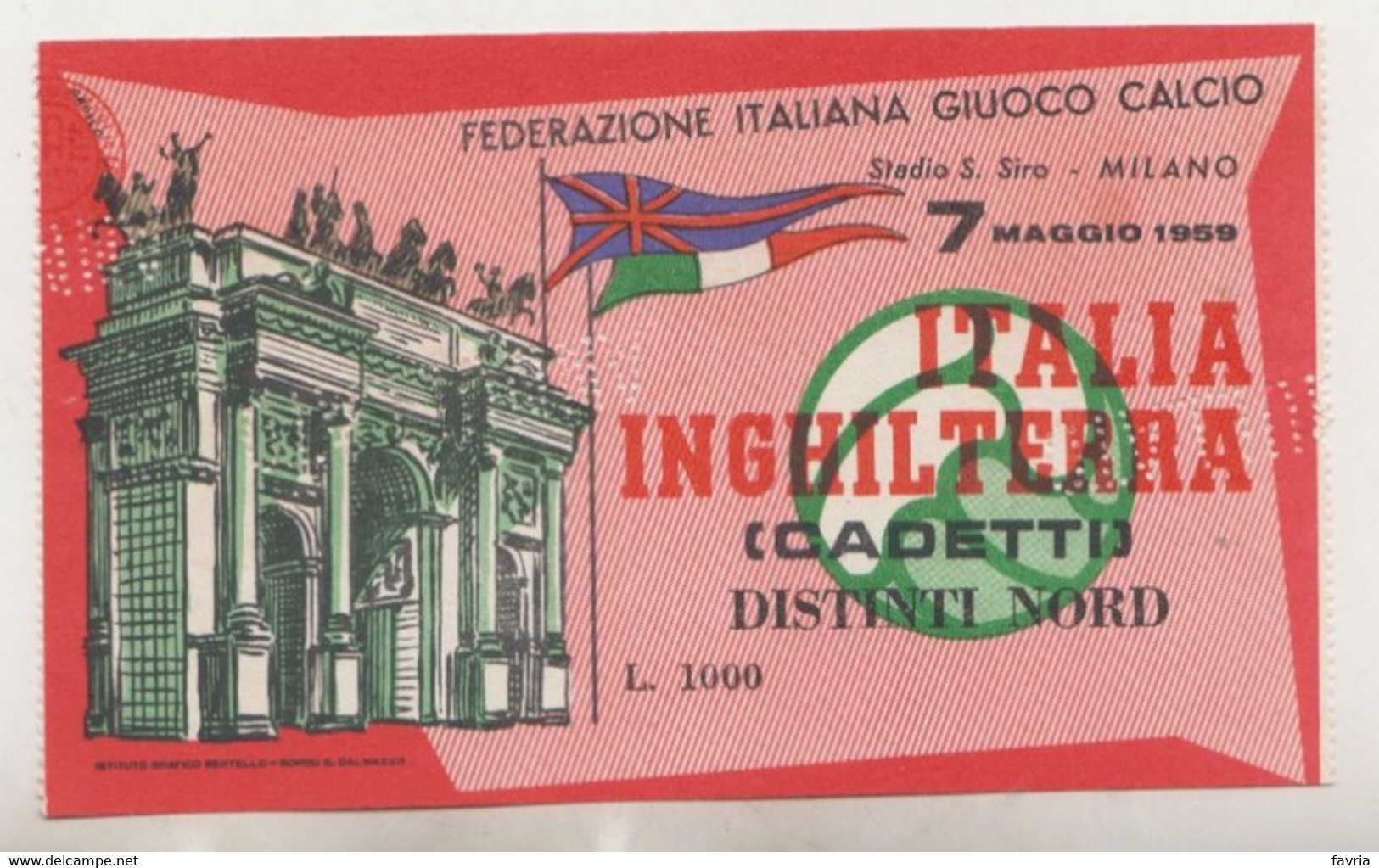 Italia - Inghilterra  Milano, 7/05/1959 - Calcio, Ticket / Biglietto Stadio - Match Tickets
