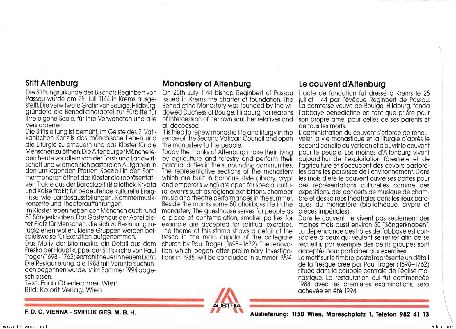 A9391 - MONASTERY OF ALTENBURG AUSTRIA, OESTERREICH WIEN ERSTTAG, 1994 REPUBLIK OESTERREICH STAMP ON COVER - Covers & Documents
