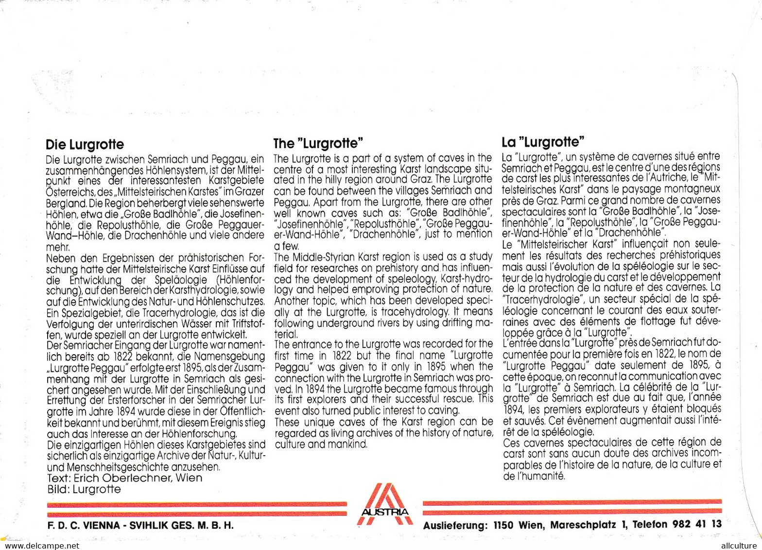 A9392 - THE LURGROTTE STEIERMARK, OESTERREICH WIEN ERSTTAG, 1994 REPUBLIK OESTERREICH USED STAMP ON COVER - Storia Postale