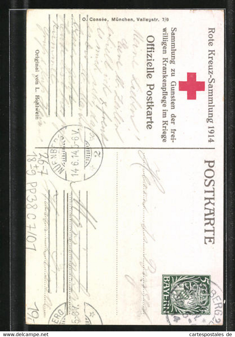 Künstler-AK Ludwig Hohlwein, Ganzsache Bayern: PP38C7 /01 Verwundeter Soldat, Rote Kreuz Sammlung 1914 - Hohlwein, Ludwig